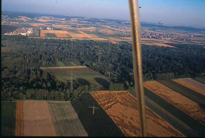 Balloon flight over fields.
