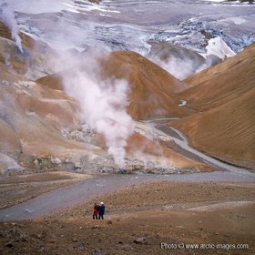 Scientist and Poet walking in Geothermal area, Mt Kerlingafoll, Iceland