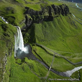 Aerial of Seljalandsfoss waterfall, Iceland