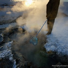 Cooking eggs in geothermal hot springs, Krysuvik, Iceland