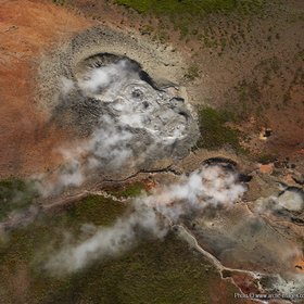 Aerial of geothermal mud pots, Hveragerdi, Iceland