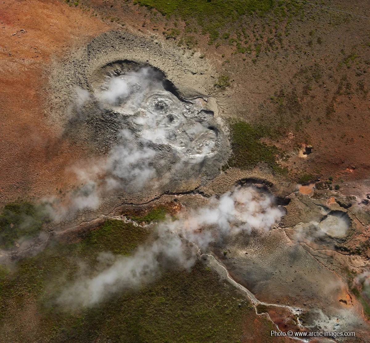 Aerial of geothermal mud pots, Hveragerdi, Iceland