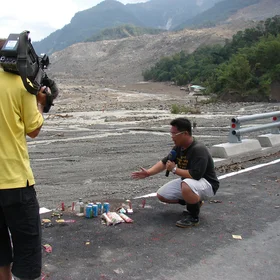 ATV repoter overlooking the Shiao-Lin landslide which buried almost 500 residents