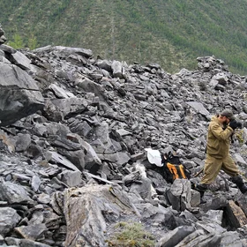 Inside Patomsky crater: geologist at work