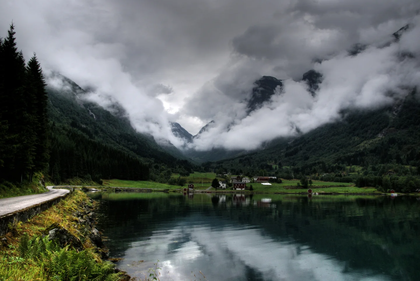 Cloudy fjord at dawn