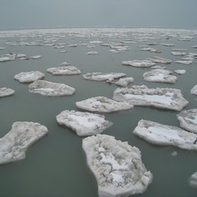 Pieces of ice in Chicago beach