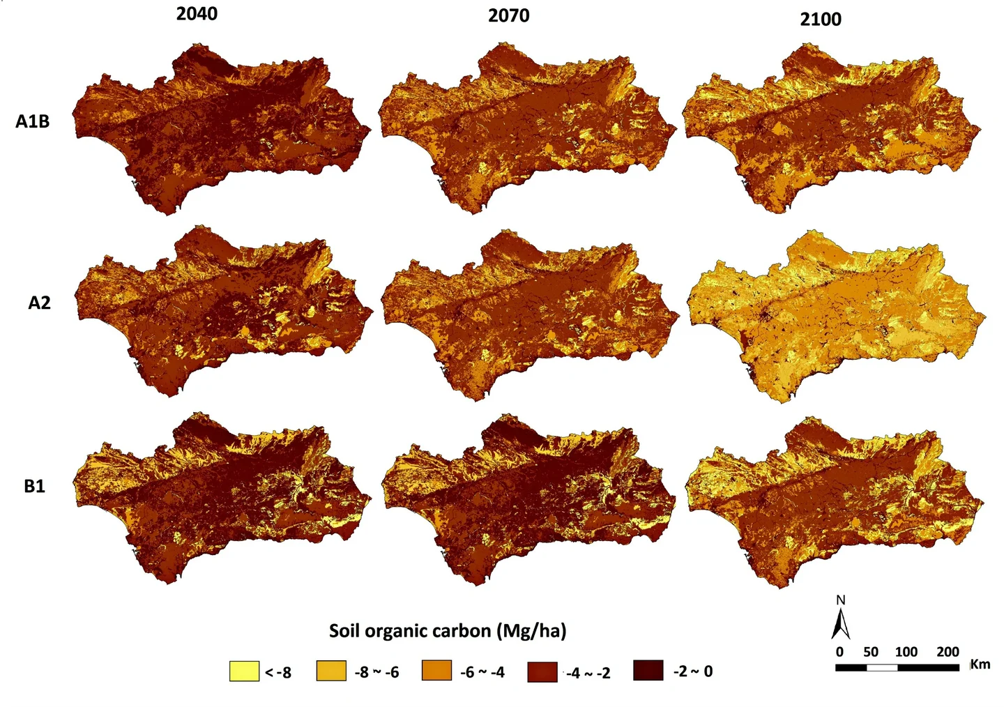 Spatial changes in the distribution of organic C in Andalusia under different climate change scenarios