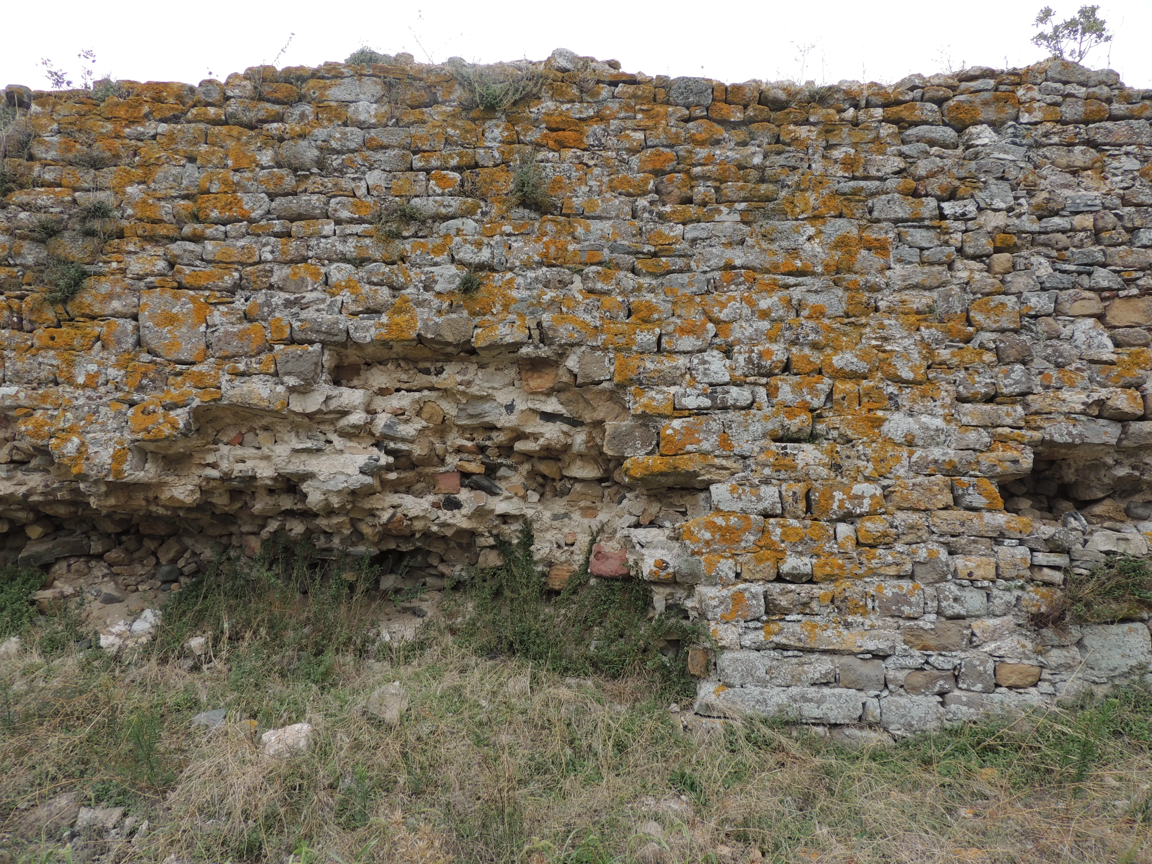Ancient fortification wall covered in lichens 