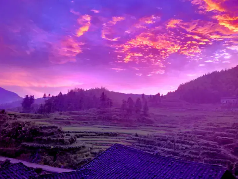 The sunset clouds in a China village