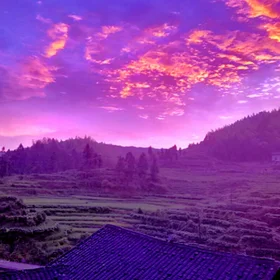 The sunset clouds in a China village