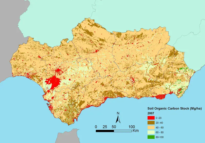 Map of soil organic carbon content (0–75 cm) in Andalusia (southern Spain)