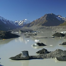Grounded icebergs claved from the terminus of Tasman Glacier, New Zealand