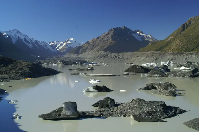 Grounded icebergs claved from the terminus of Tasman Glacier, New Zealand
