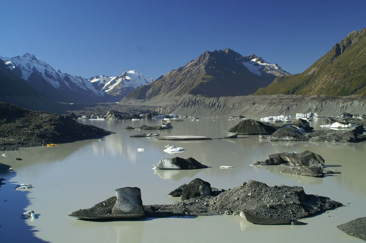 Grounded icebergs claved from the terminus of Tasman Glacier, New Zealand