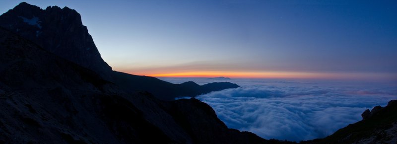sunset with fog on the Gransasso montain