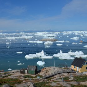 Ilulissat harbour with icebergs