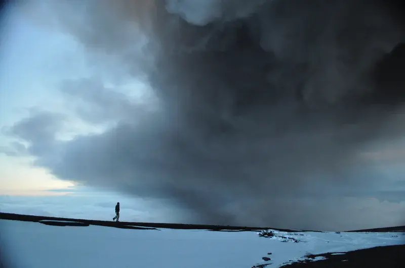 Walking on the glacier under the ash plume
