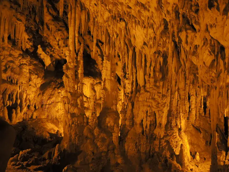 Stalagmites and stalagtites in Perama cave
