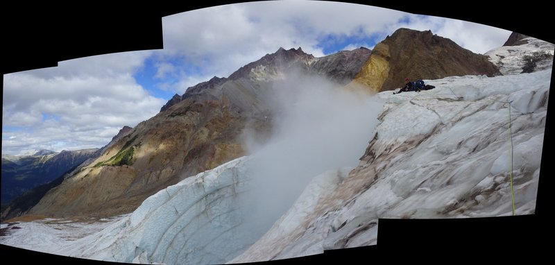 Plinth Peak and the fumarole ice cave at Mount Meager Volcano