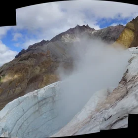 Plinth Peak and the fumarole ice cave at Mount Meager Volcano