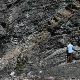 Mesozoic Lamprophyre dyke crosscutting Ordovician sediments near Leading Tickles, Newfoundland, Canada