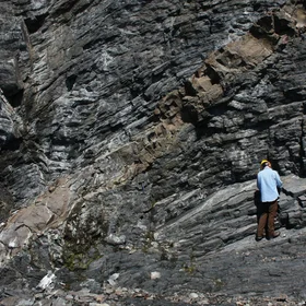 Mesozoic Lamprophyre dyke crosscutting Ordovician sediments near Leading Tickles, Newfoundland, Canada