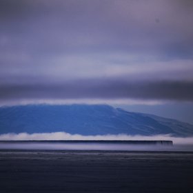 Seafog engulfs a grounded iceberg