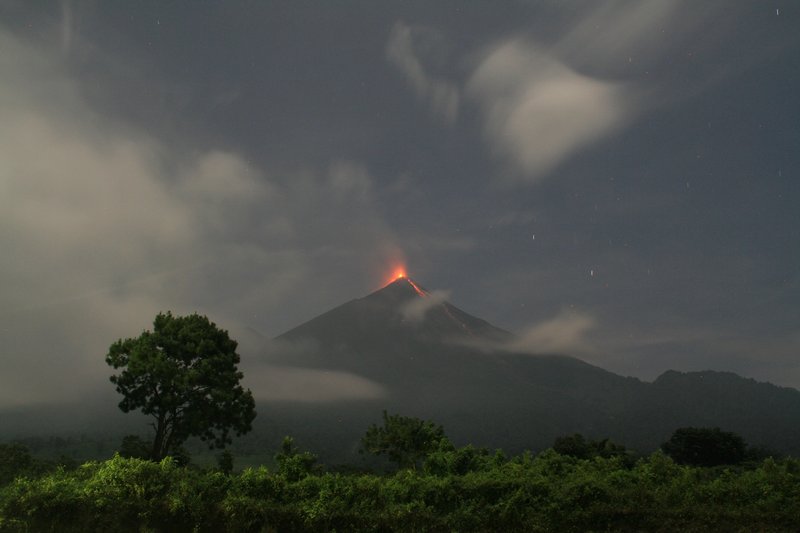 Fuego volcano at night from a local football pitch