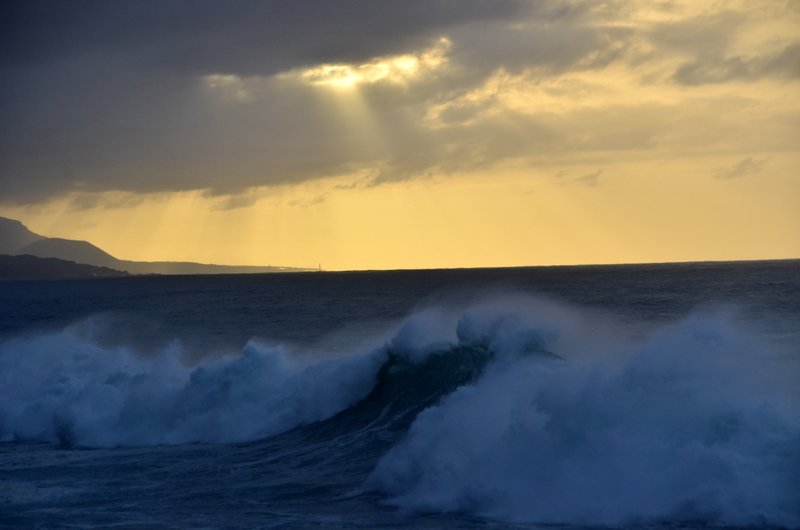 Sun, breaking waves and spray