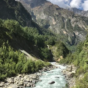 Glowing river flow on rocky streambed