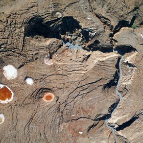 Aerial view of sinkholes and depressions at the Dead Sea