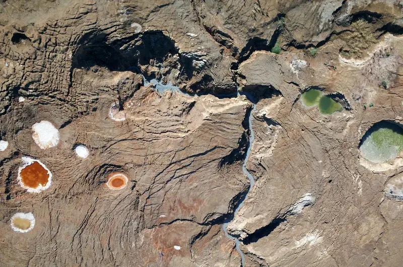Aerial view of sinkholes and depressions at the Dead Sea