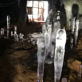 Ice stalagmites in an abandoned gold mine