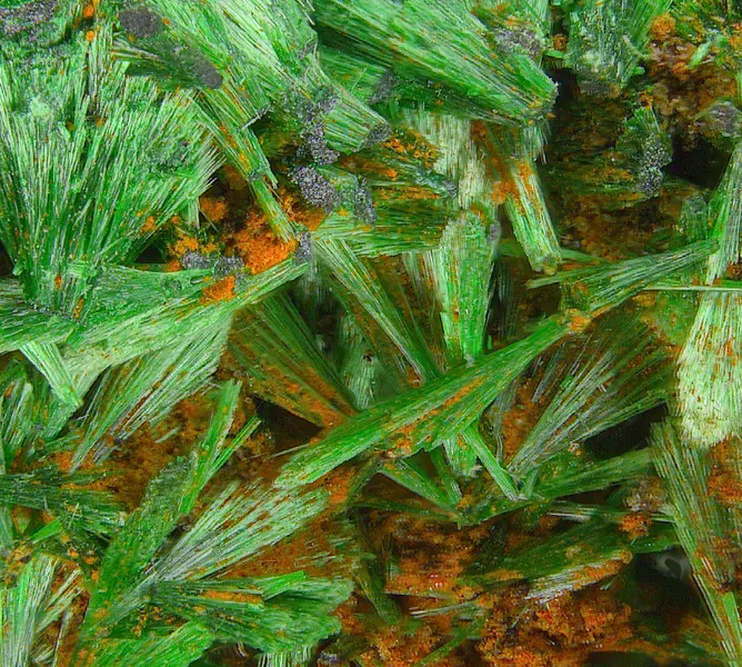 Malachite crystals with Fe-oxides