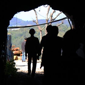 Workers exiting a mine shaft, Bawsaing, Myanmar