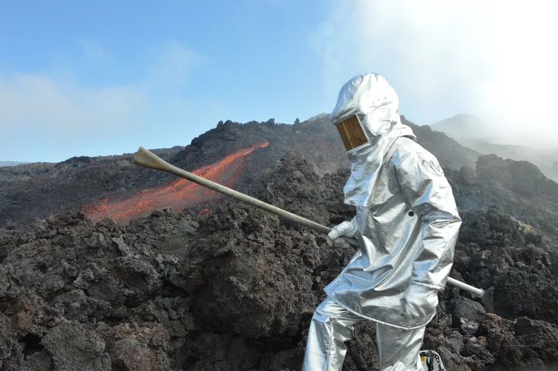 Scientist and lava flows.