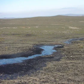 Azerbaijan, Kobustan area, oil river from active mud volcano