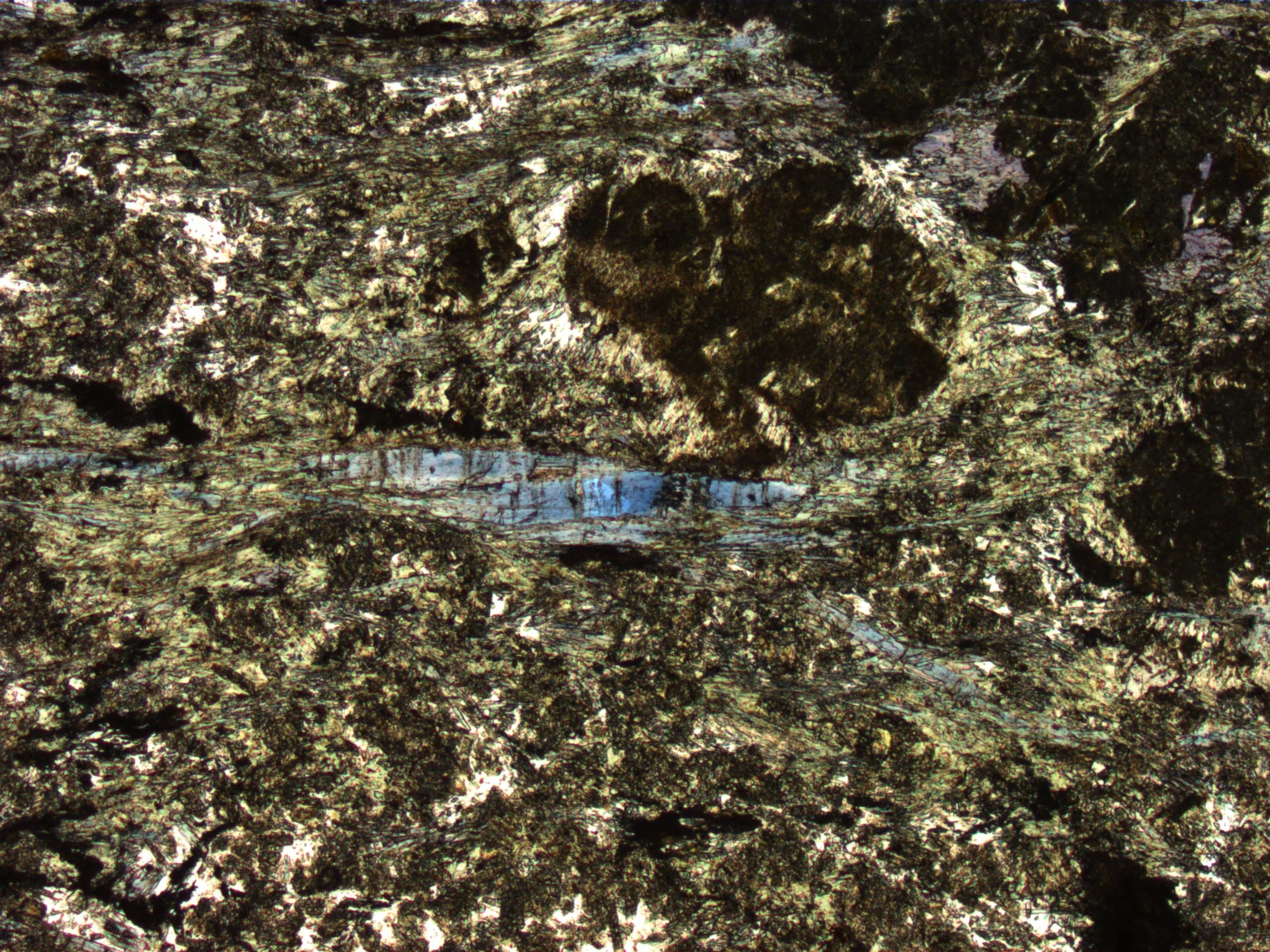 Glaucophane grains in retrogressed metabasalt