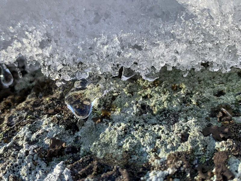 Unfrozen in time - a droplet of melt forms and hangs.