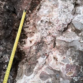 Fault acting as a pathway for hydrothermal fluid that precipitated large pink calcite crystals along the way