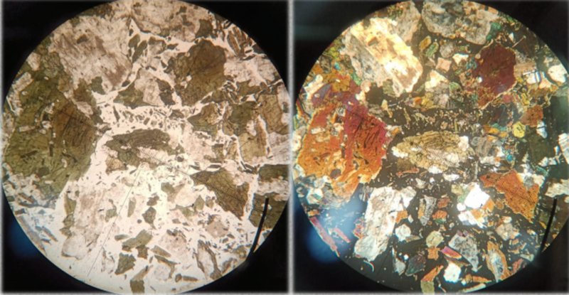 A thin section in gabbro igneous rock, containing most beautiful colorized mineral grains