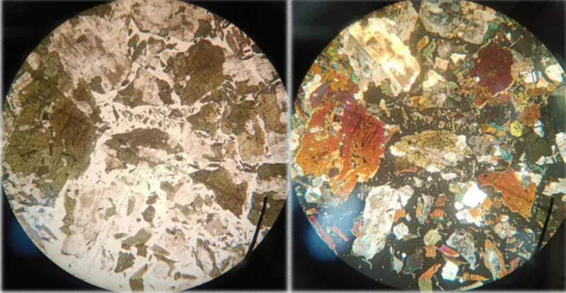 A thin section in gabbro igneous rock, containing most beautiful colorized mineral grains