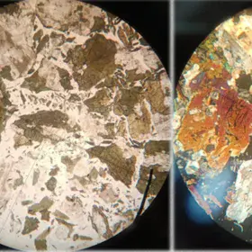 A thin section in gabbro igneous rock, containing most beautiful colorized mineral grains