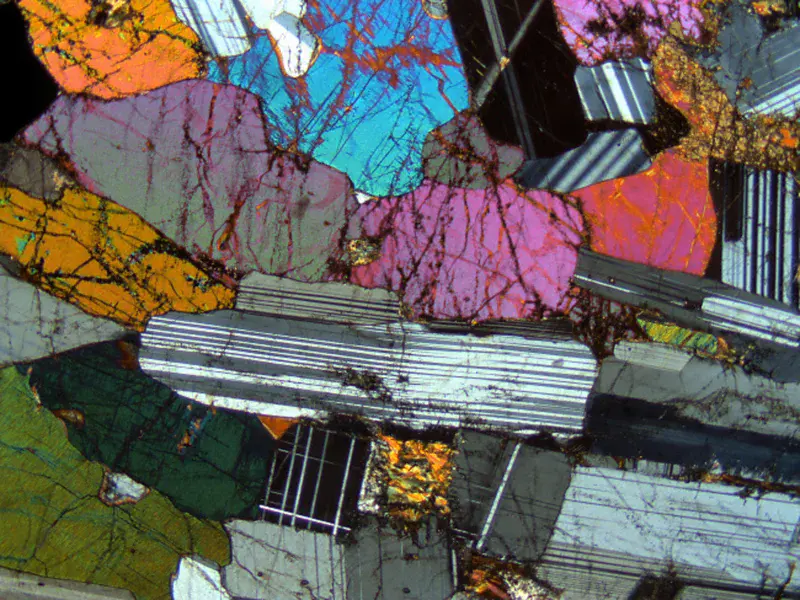 A thin section contains a wide variety of mineral grains