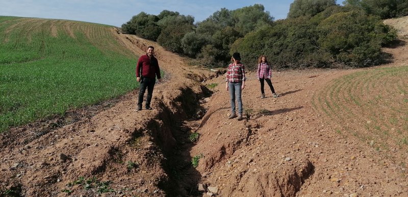 Soil scientists in action: Sameh, Diana and Lorena showing a gully