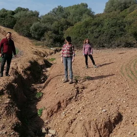 Soil scientists in action: Sameh, Diana and Lorena showing a gully