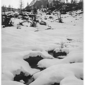 Snowy creek in the Eastern Dolomites shot with a 100 years old wooden bellow camera.