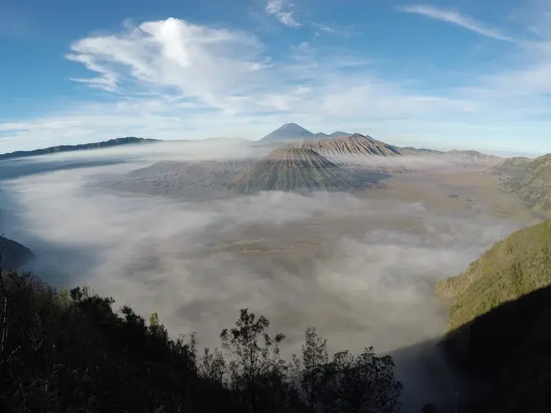 Morning view of volcanoes in Java, Indonesia