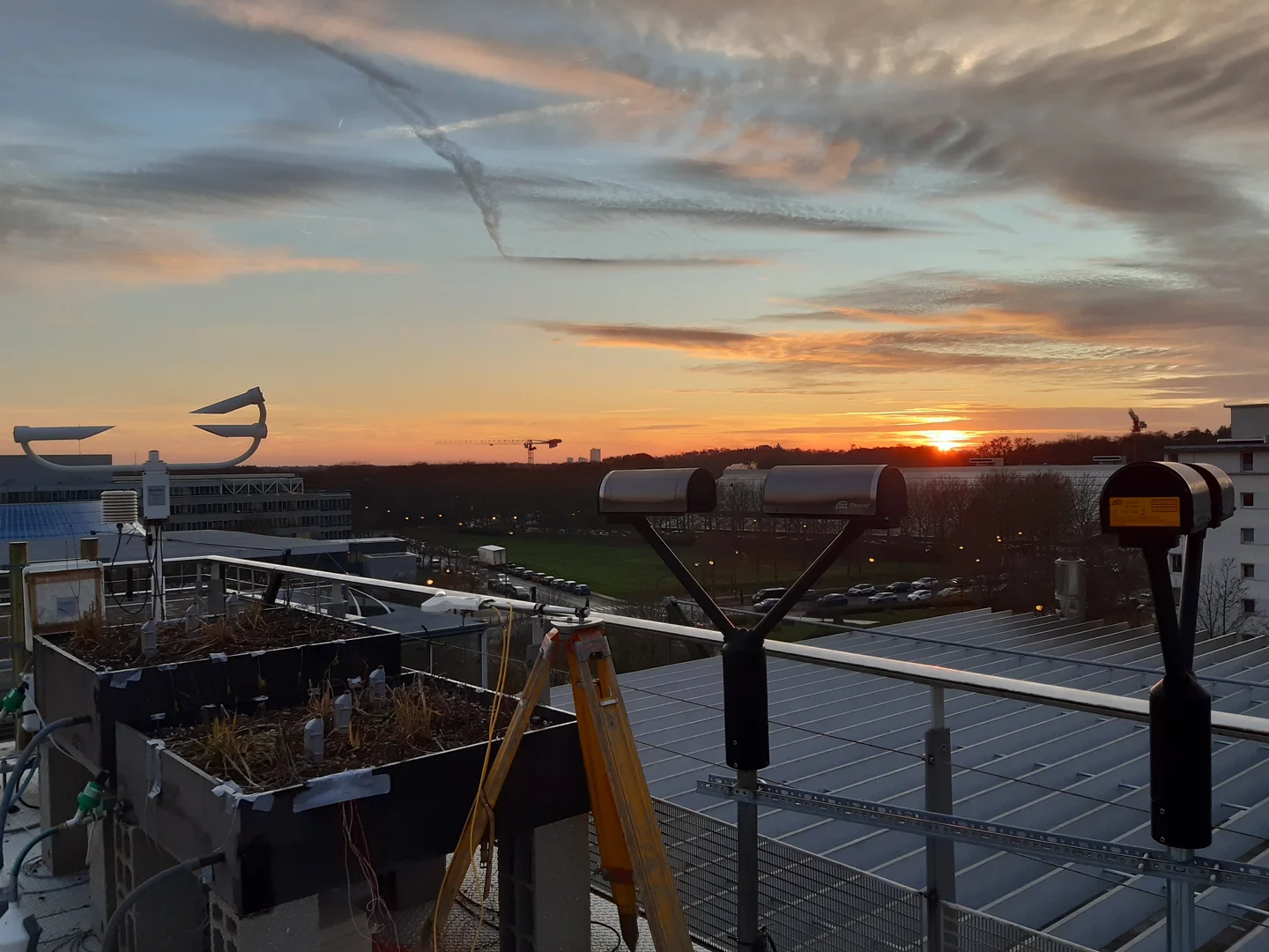 Disdrometers and green roof samples enjoying a nice sunset after a long day of work