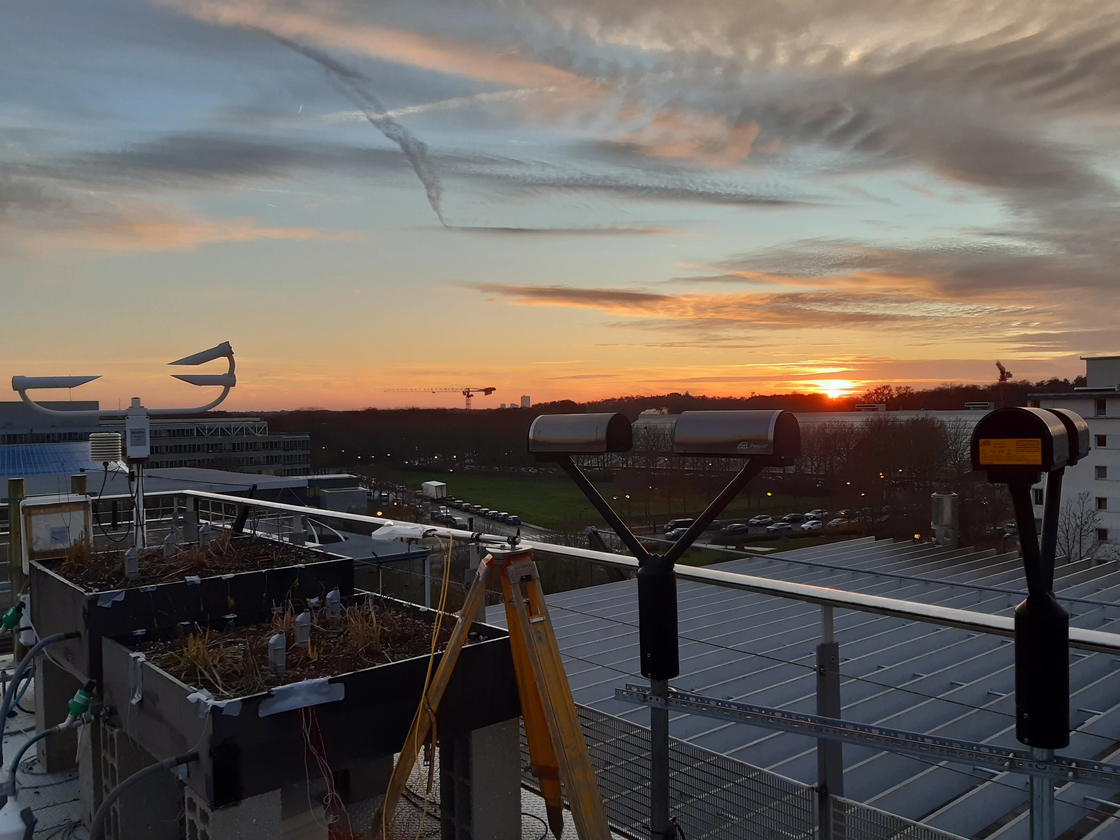 Disdrometers and green roof samples enjoying a nice sunset after a long day of work